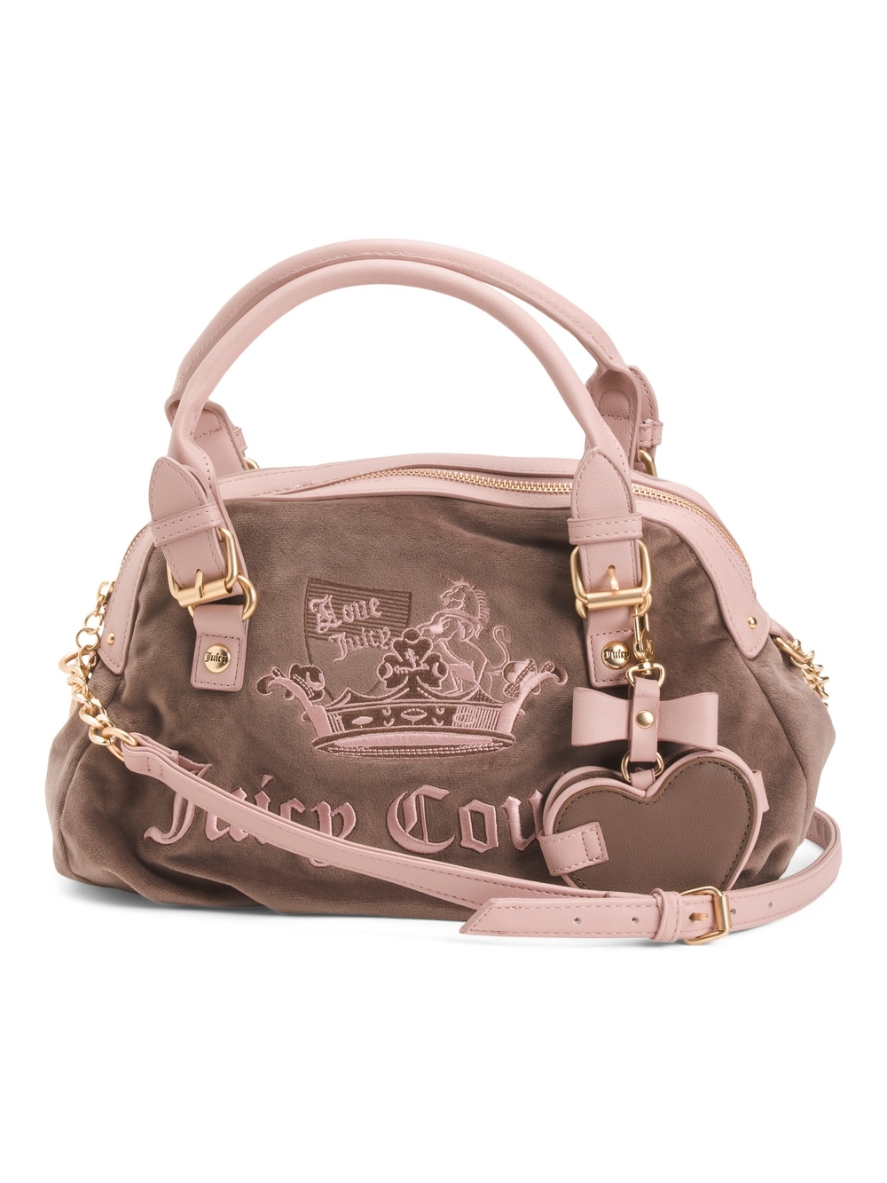 Juicy Couture Brown Velvet Satchel with Pink Trim and Heart Charm